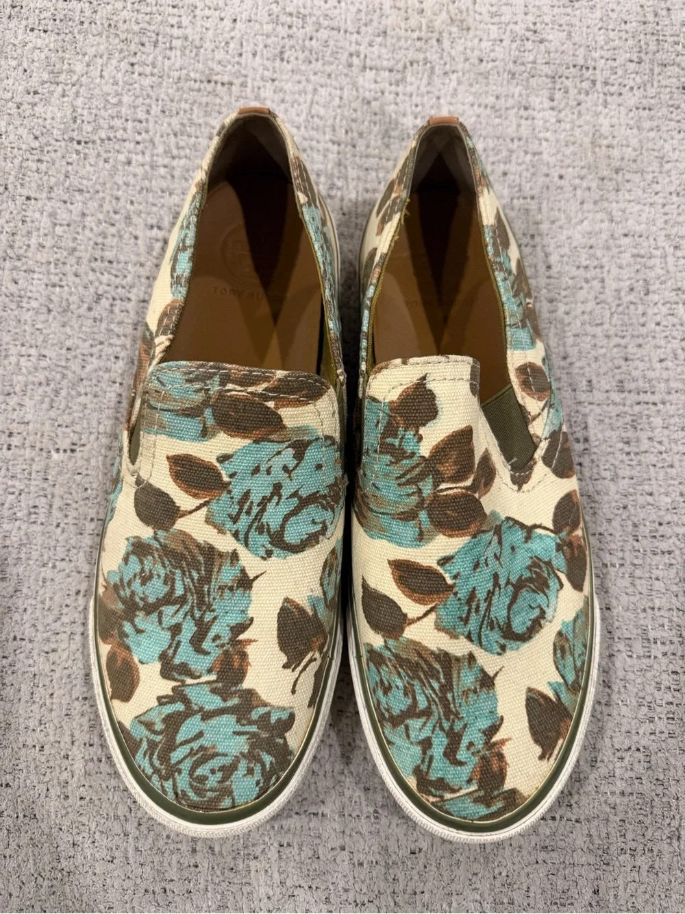 Tory Burch Floral Canvas Slip-On Flats in Teal and Brown